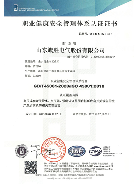 職業(yè)健康安全管理體系證書(shū)